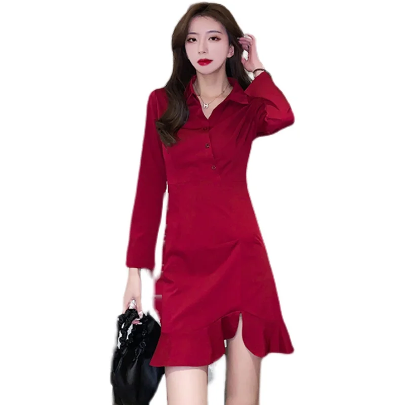 

COIGARSAM Women dress New Turn-down Collar Dresses Black Wine Red 6108