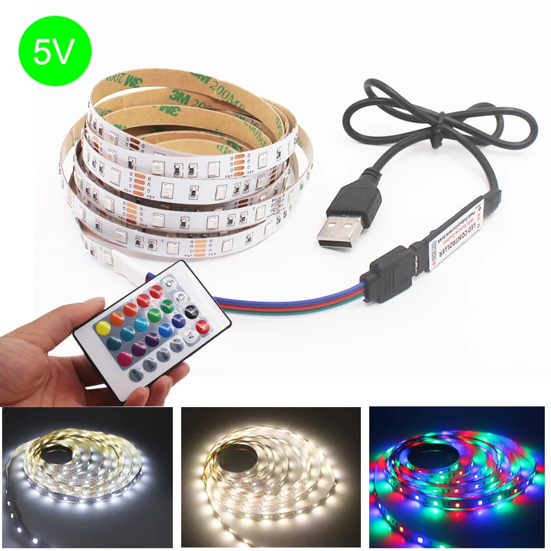 

1-5M USB LED Strip Light 5V SMD 2835 Warm / White RGB Ribbon Ceiling Cabinet Light NO waterproof add 24Key Remote