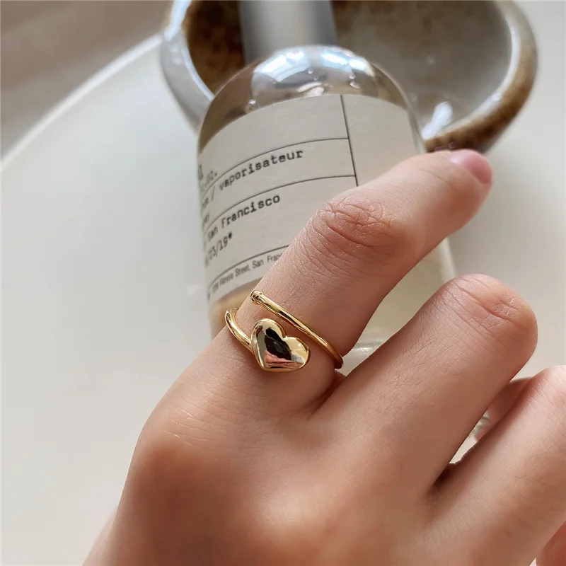 WANTME Genuine 100% 925 Sterling Silver Fashion Golden Double Layer Love Heart Open Ring for Women Korean Chic Jewelry Gift 2020 | Украшения