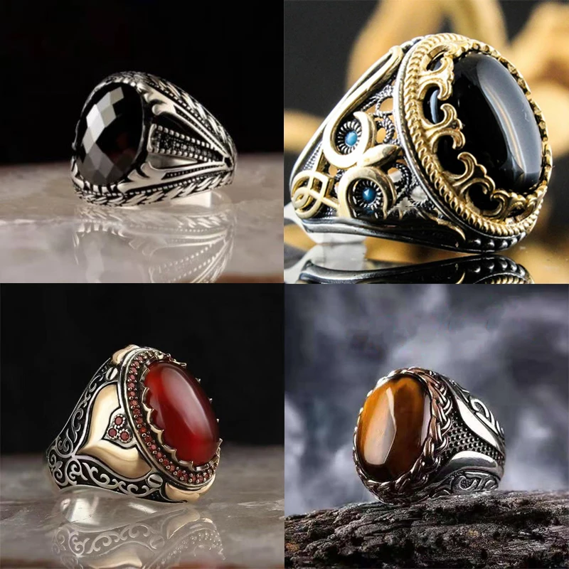 

BAOSHINA Retro Oval Stone Crystal Men's Ring For Luxury Party Wdiing Jewelry Male Pattern Rings Accessories Size 6-13