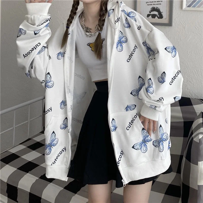 

harajuku butterfly hoodie with zipper female 2021 spring oversized outerwear size