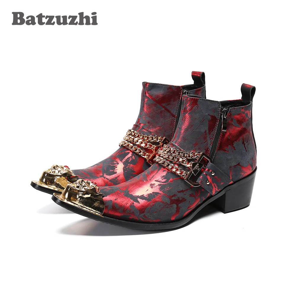 Batzuzhi Wine Red Men Boots Pointed Metal Toe Lace-up Men's Ankle Boots