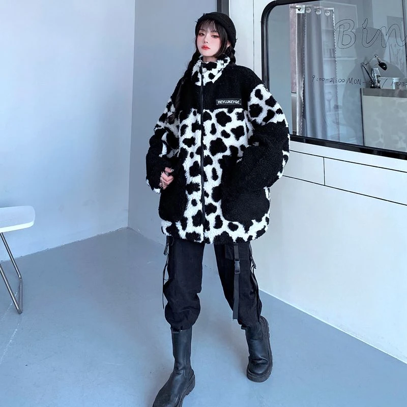 

Korean Winter New Harajuku Style Tooling Coat Thicken Leopard Pocket Jacket Vintage Zipper Lambswool Keep Warm Cotton Clothes