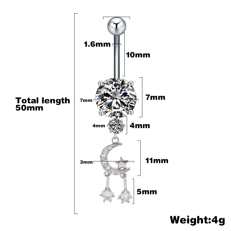 

Stainless Steel Crystal Zircon Navel Belly Rings Piercing Tool Moon Shape Button Navel Ring Creative Sexy Body Jewelry Decor
