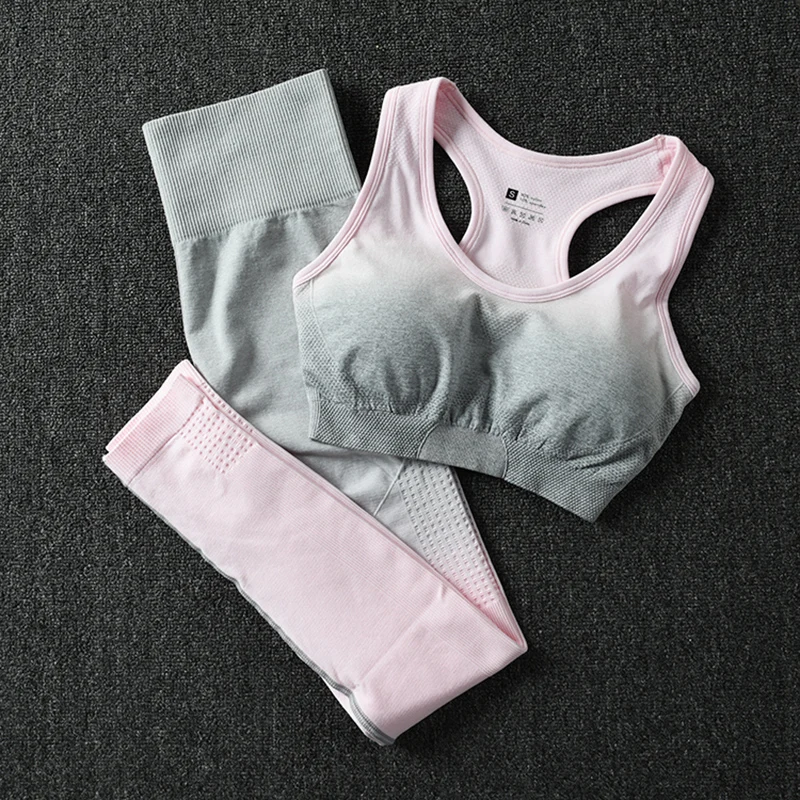 light pink set Спортивный комплект, тренировочная одежда, женские бесшовные Легинсы+ спортивный бюстгальтер, 2 предмета, спортивная одежда, женская спортивная одежда, бесшовный комплект для йоги с эффектом омбре - Цвет: light pink set