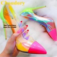 choudory hologram iridescent transparent pvc dress shoes color patchwork lime green heels pumps 12cm 10cm 8cm high heels size 45