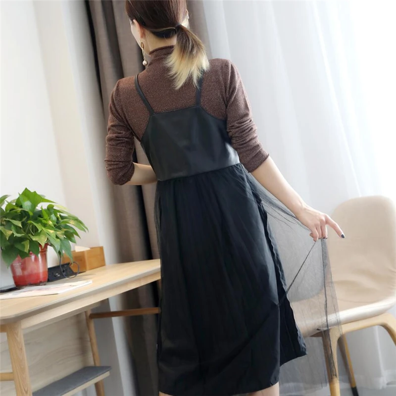 Платье из натуральной кожи Гламурное с v-образным вырезом сетчатый подол