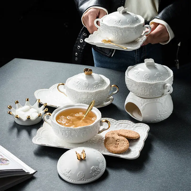 European-style Dessert Small Tableware Embossed Soup Cup with Lid Ceramic Bowl Stew Creative Household Health Dish Set | Дом и сад