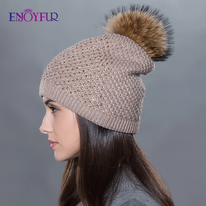 Женщины меховая шапка для зимней трикотажной шерсти шапочки пушистого меха