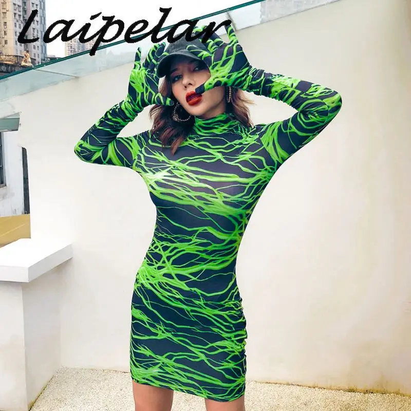 Laipelar платье с принтом молнии перчатки длинным рукавом облегающие сексуальные