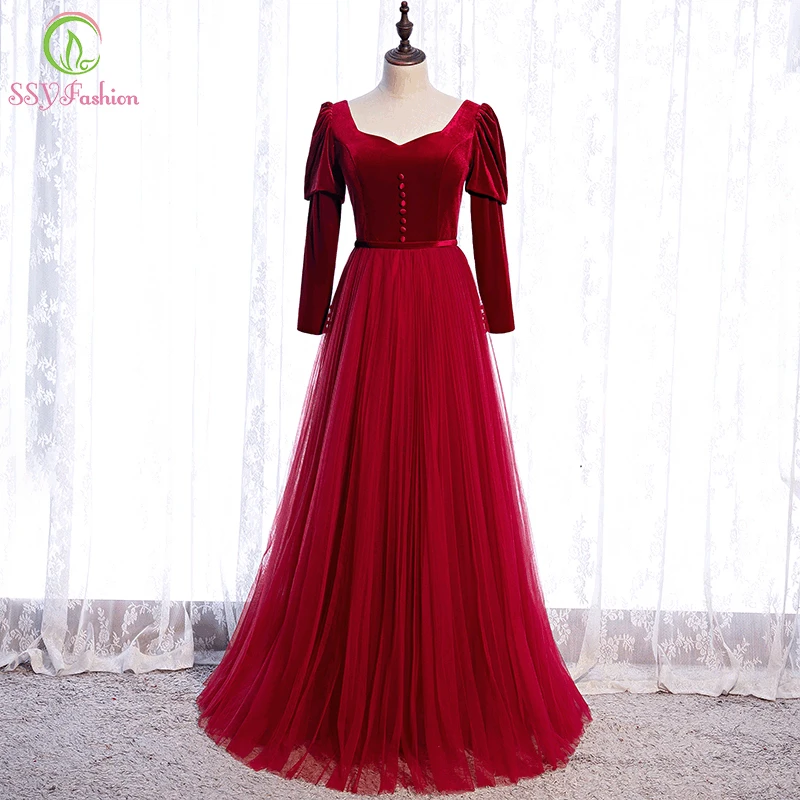 

SSYFashion New Velour Evening Dress Vintage Elegant Puff Long Sleeve Splicing Long Prom Formal Gowns for Women Vestidos De Noche
