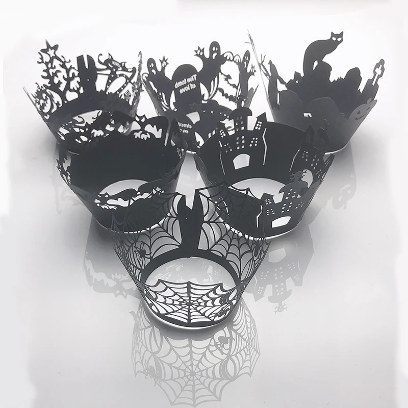 

50pcs Halloween Cupcake Wrapper Baking Cup Hollow Cake Wrapper Witch Spiderweb Castle Pumpkin Bat Party Decoration Supplies