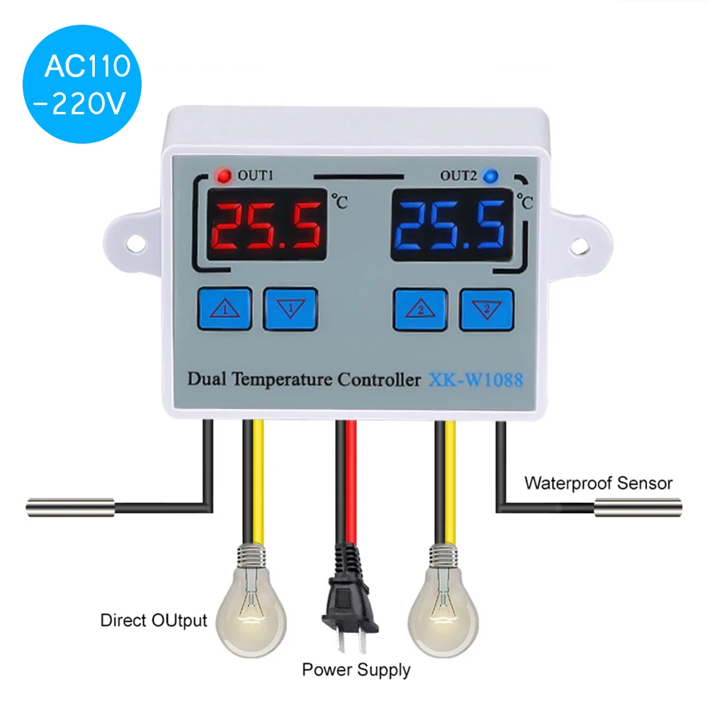 

XK-W1088 Dual Digital Temperature Controller Incubator Thermostat 10A Direct Output Heating Cooling Control Switch 12V 110V 220V