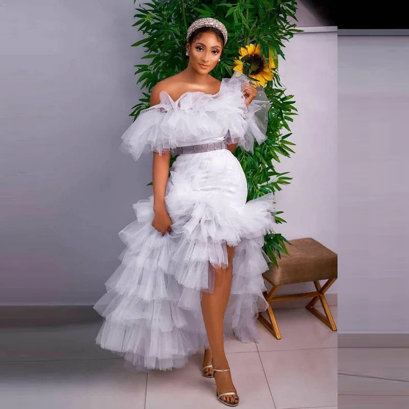 

Сексуальное Тюлевое белое платье для выпускного вечера, пышные вечерние платья с коротким рукавом, с оборками, для фотосессии