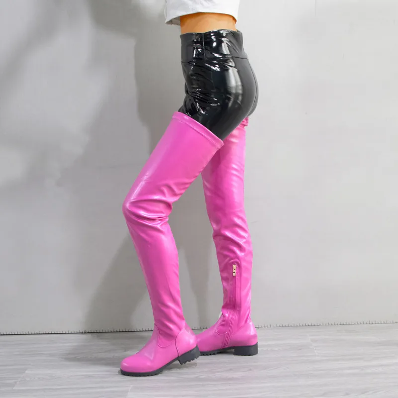 Женские сапоги выше колена высокие из лакированной кожи на платформе желтые