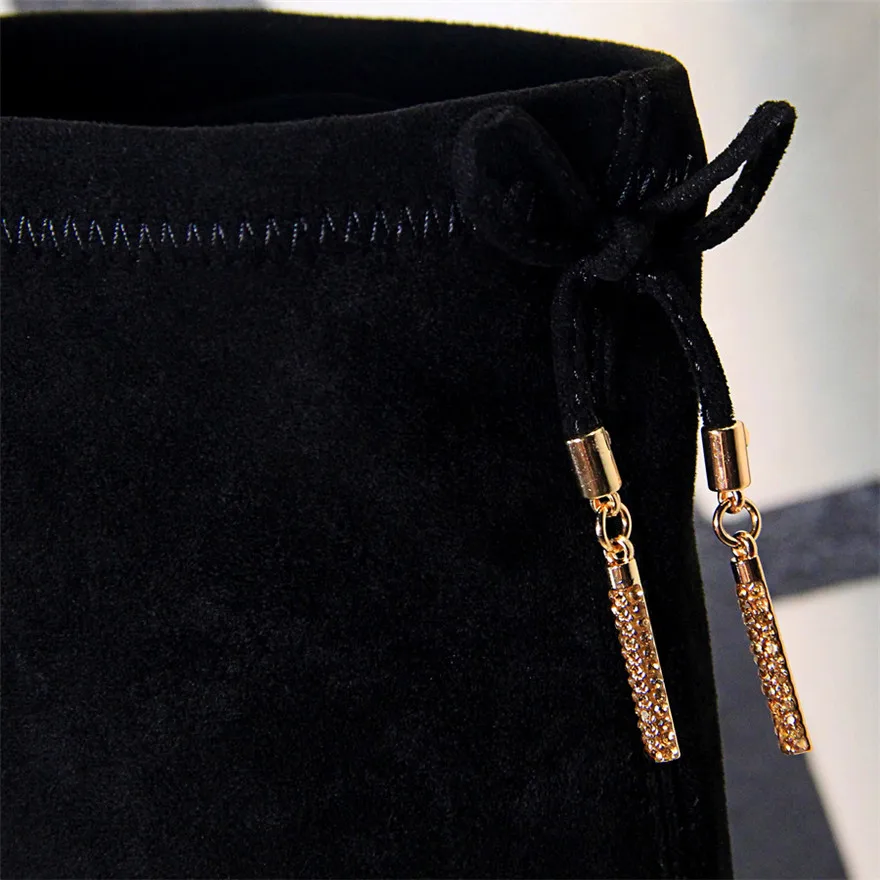 

Autumn Black Elastic Flock Women's Over The Knee Boots Metal Chain Lace-Up Sexy Woman Shoes High Heels Pointed Toe Fashion Boots