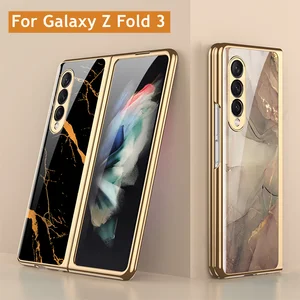 luxury tempered glass case for samsung galaxy z fold 3 5g case plating plastic frame hard glass cover for galaxy z fold3 free global shipping