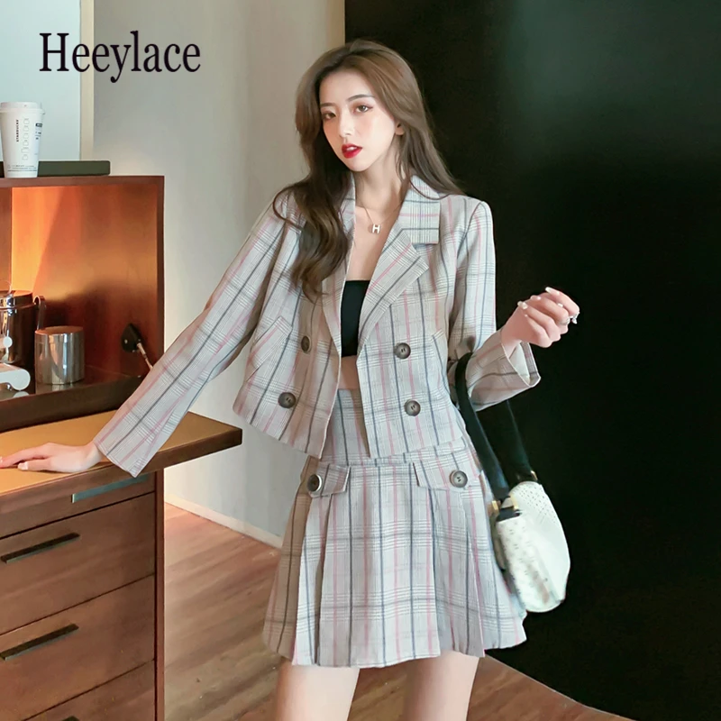 

Spring Women's Casual Blazers Skirt Suit French Plaid Skirts Short Jacket Two Piece Suit Sets
