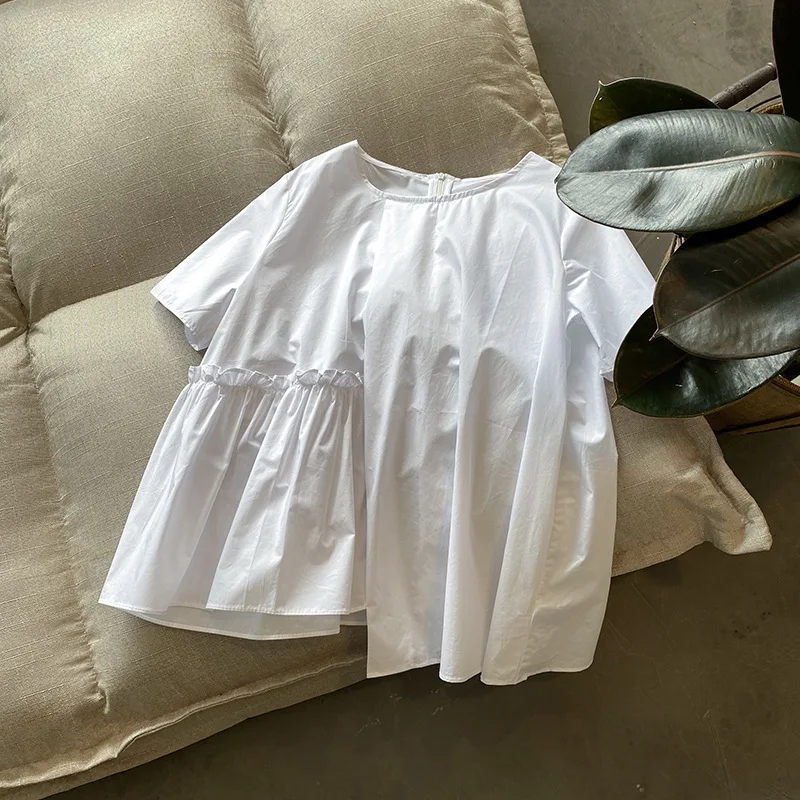 

2020 Spring and Summer New round Neck Shirt Women's Korean-Style Short-Sleeved Irregular Fashion Slim Girl's Shirt