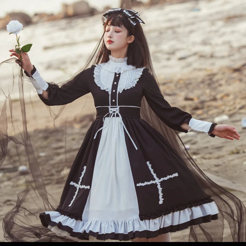 

Lolita One Piece Dress Mono Long Sleeve Pleated Empire Lolita OP Dress