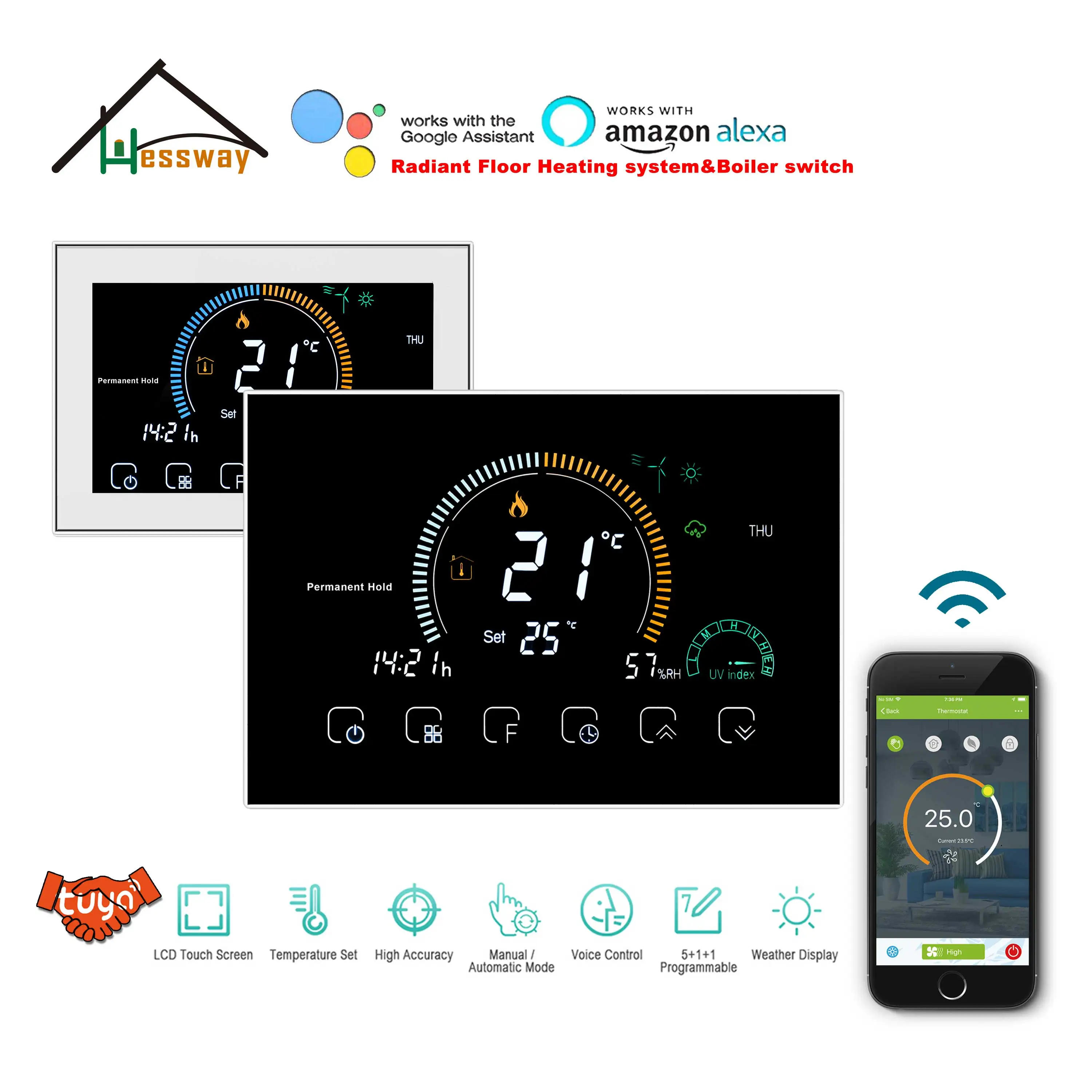 

HESSWAY Radiant Floor Heating THERMOSTAT WIFI for 5A Water&Gas Boiler/Electric Heating 16A Linkage with TUYA Smart