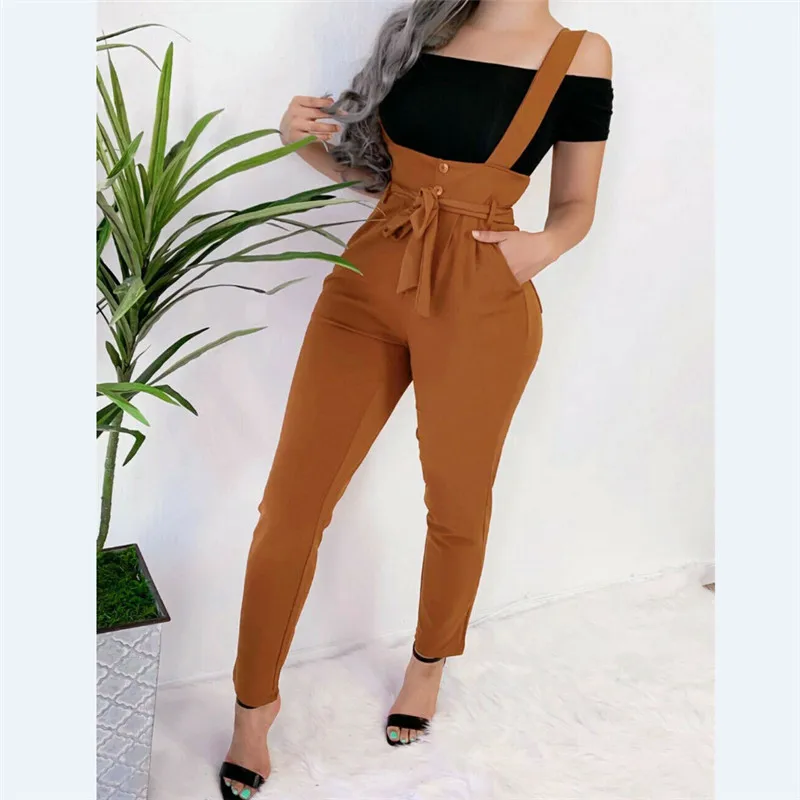 

Women's Pocket High Waist Belt Jumpsuit Overall Long Trousers Pants