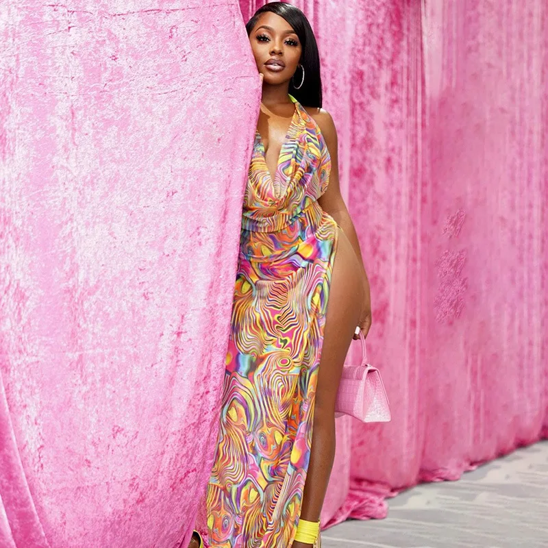 Женское длинное прозрачное платье макси элегантное с лямкой на шее Сетчатое