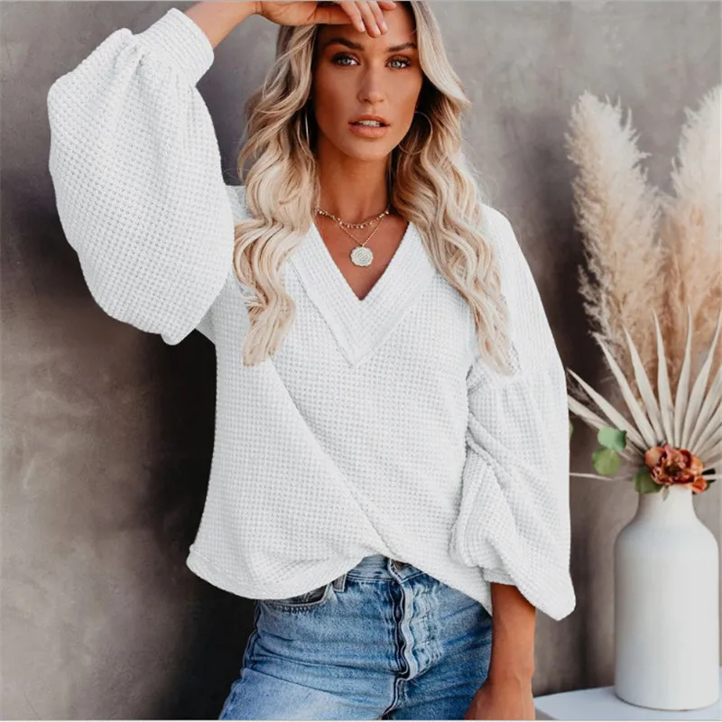 

Ladies Sweater V Neck Knitted Pullovers Autumn Winter Lantern Sleeve Solid Warm Halloween Sweaters Loose Women's Jumper