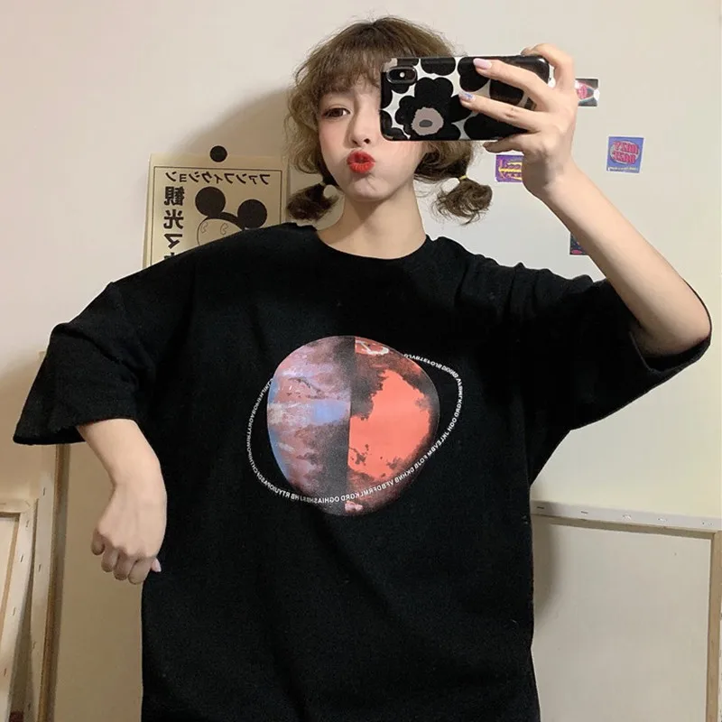 Harajuku T shirt Women Summer Cartoon Printed Vintage Korean Tops Streetwear Short Sleeve O-Neck Top Plus Size | Женская одежда