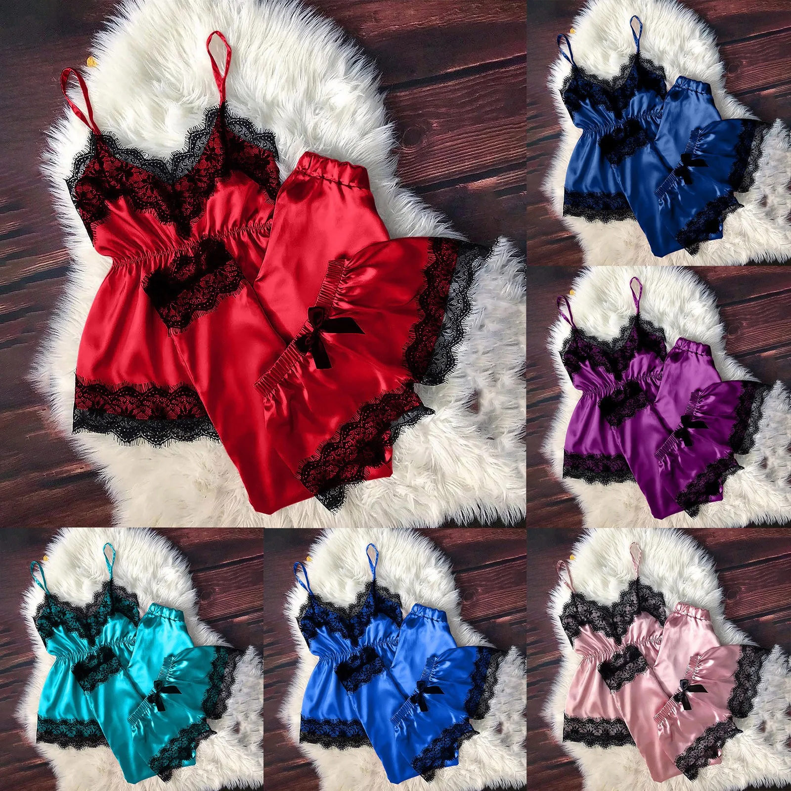 

2021 Lace Pijama Women's Pajama Sets V-Neck Satin Sexy Lingerie Sleepwear Bowknot Pajamas Home Wear Nightwear Clothing Nightie