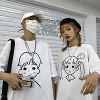 summer american vintage hand painted cartoon basic couple t shirt korean fashion oversize harajuku white couple clothes cotton