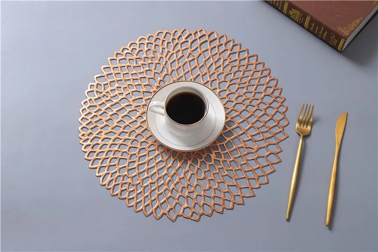 

6pcs/lot Placemats For Kitchen Table PVC Hollow Round Coaster Pads Insulation Table Placemat Non-slip Mats Western Mat OK 1080