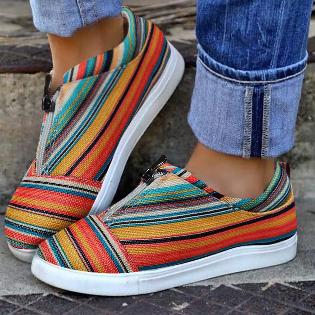 

2020 New Womens Canvas Shoes Zipper Vulcanize shoes Flats Casual Sport Shoes Comfortable Round Toe Zipper Slip-on Sneakers A50