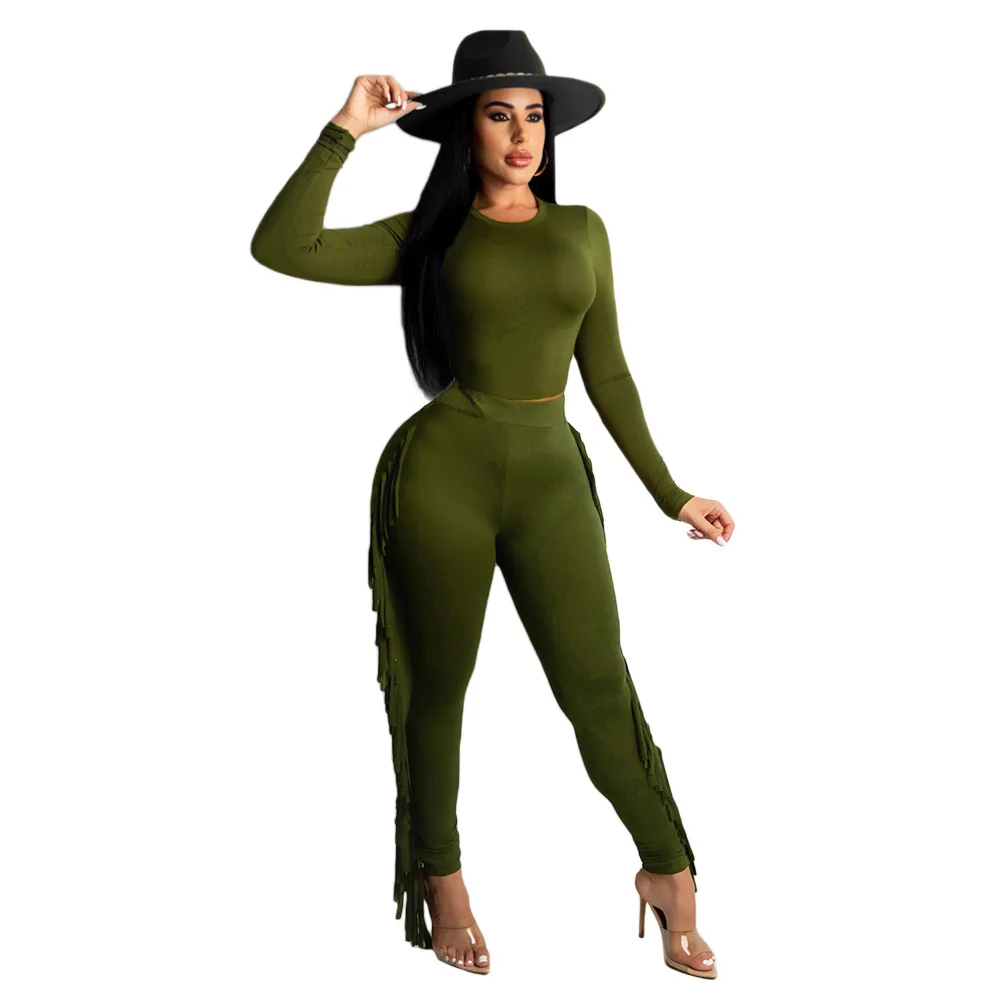 

Sexy Ladies Suit Tassel Long-Sleeved T-Shirt + Slim Trousers Two-Piece Set Of 2022 Autumn New Pure Color Casual Women's Clothing