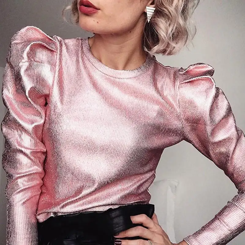 Розовый с пышными рукавами металлик приталенные футболки Для женщин Элегантная