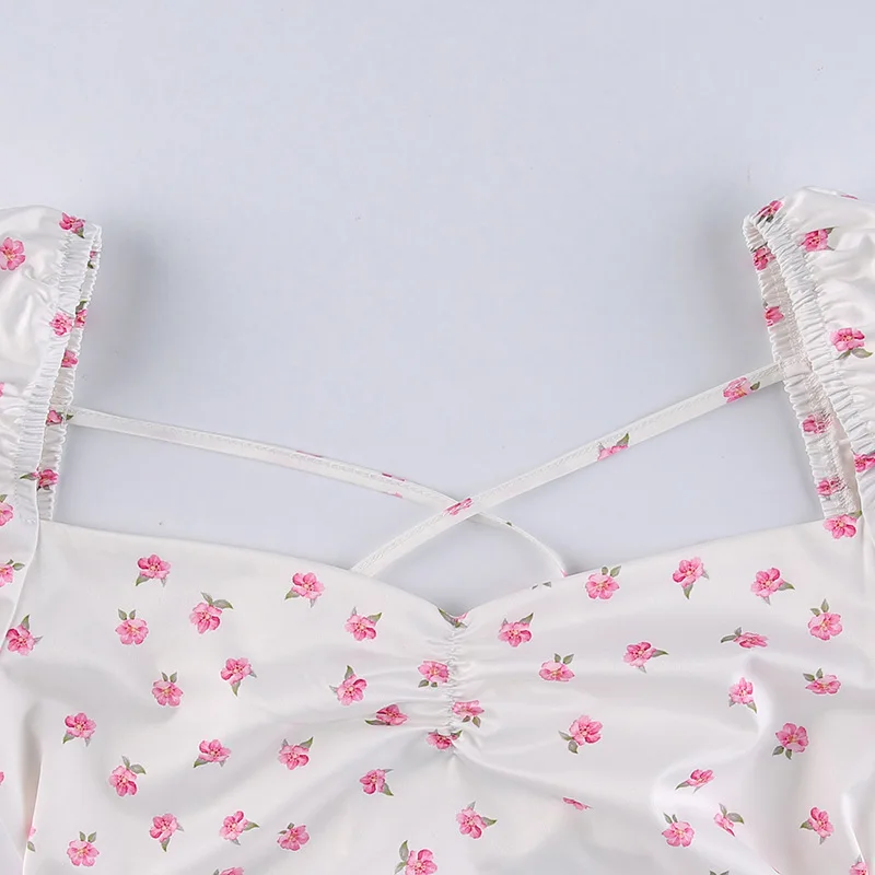 

New product square neck floral halter lace sexy dress puff sleeve French slim short skirt women