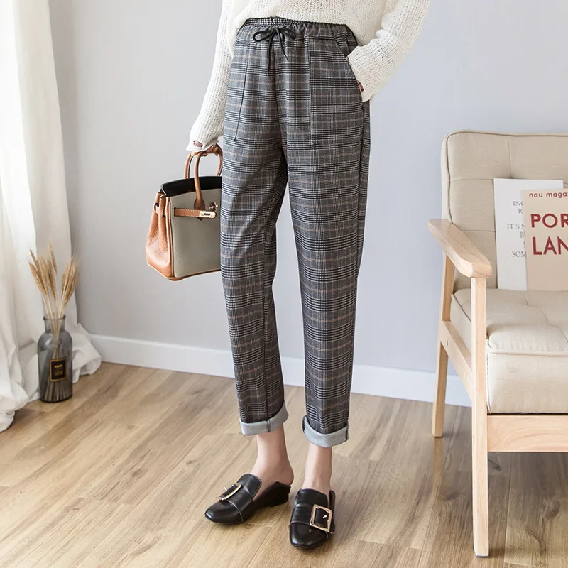 

Women Plaid Pants New British Style Harem Pants Women 's Fashion Carrot Pants Nine Points Casual High Waist Pants