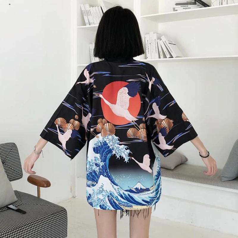 Кимоно унисекс солнцезащитное с рисунком Журавля Традиционная японская одежда в