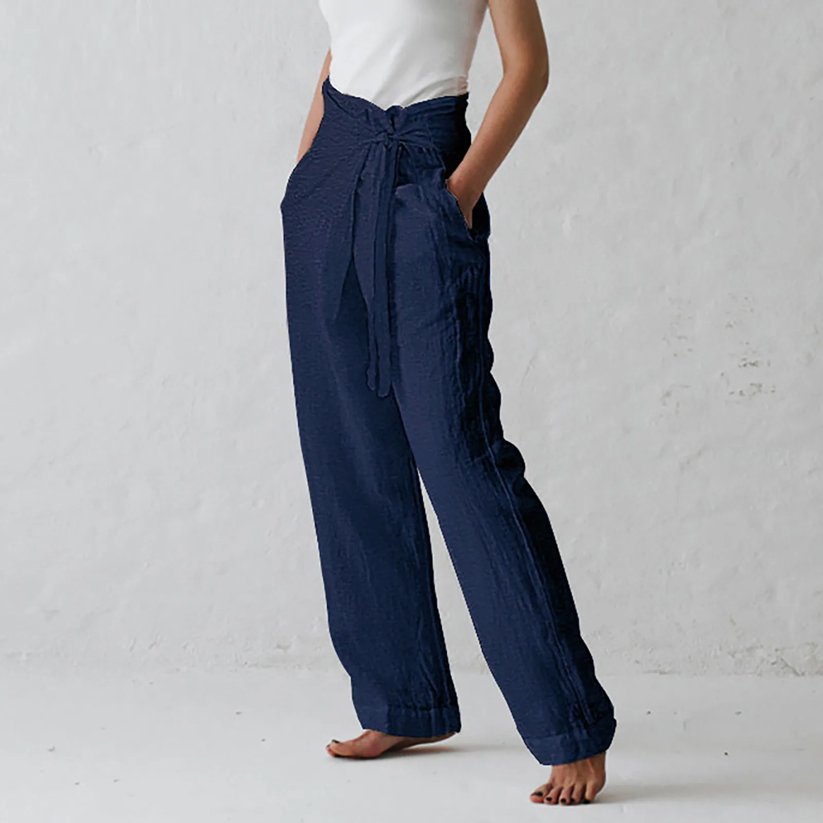 

Women's Pants Casual Solid Color Cotton Linen Long Straight Pants Harajuku High Waist With Belt Wide Leg Pants Trousers