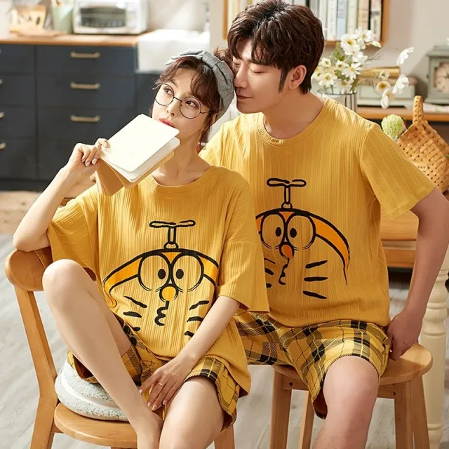

Couple Pajamas Set Summer Cotton Women and Men Sleepwear Short Sleeve Home Wear Fashion Yellow Cartoon Women Nightwear