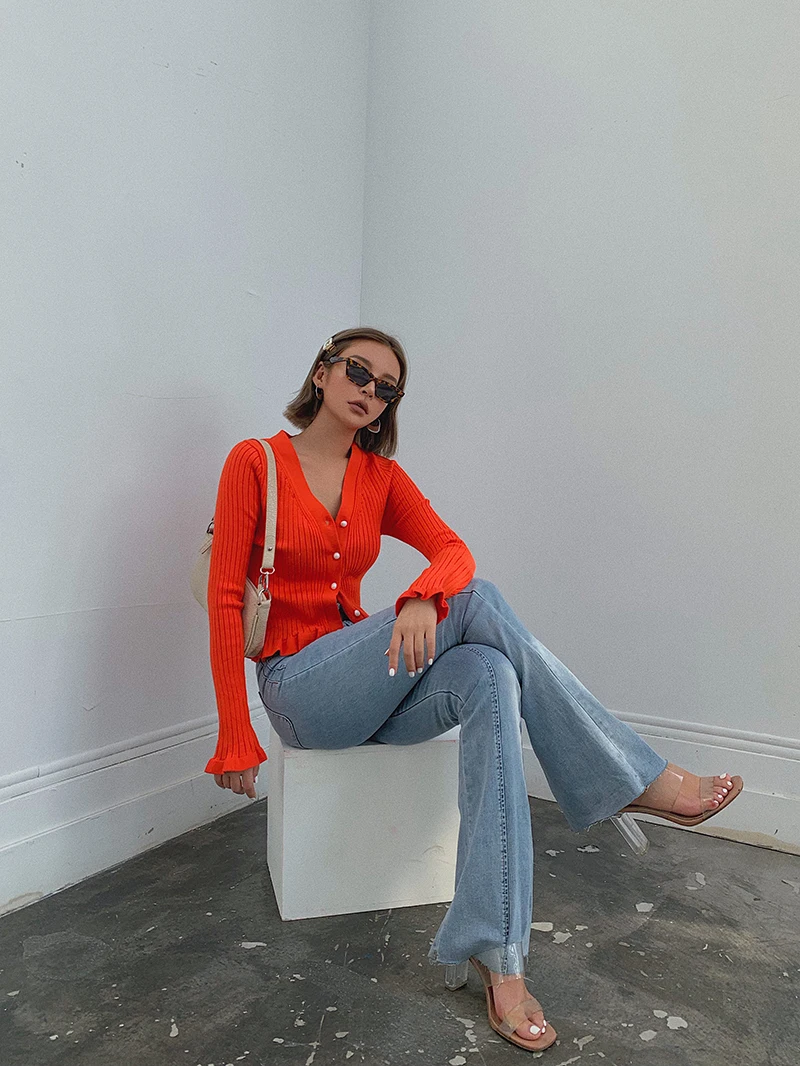 2019 Новая мода Женская одежда карман Высокая талия стрейч расклешенные джинсы