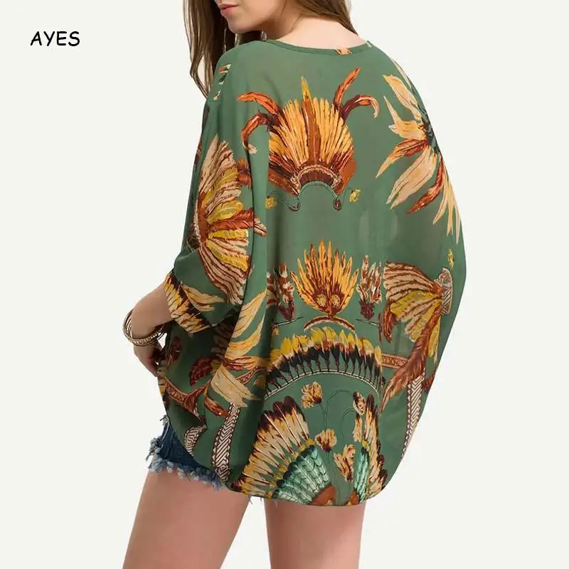 

Women Autumn Tops Boho Shirts Floral Feather Printed Blouse Ladies Long Sleeve Loose Shirts Casual Deep V Neck L Blusas Shirt