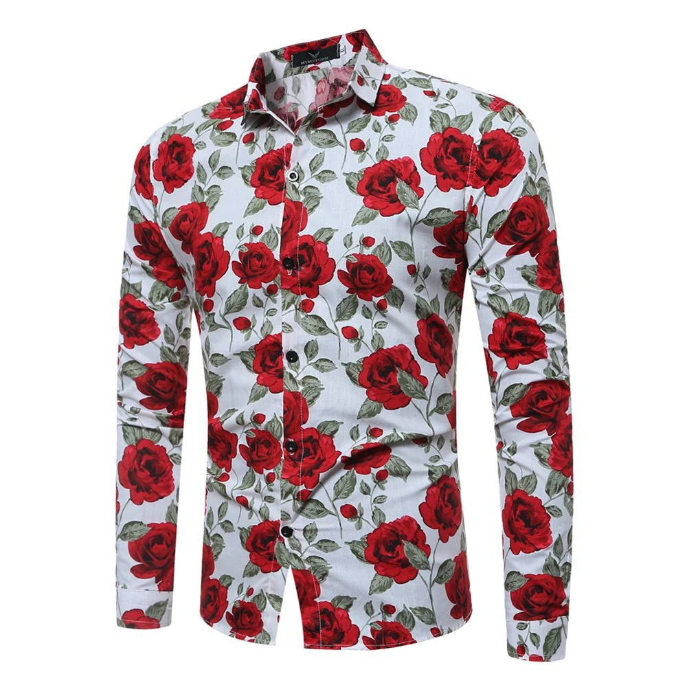 

Rose Print Shirts Men Long Sleeve Button Down Shirt Casual Slim Fit Blouse Muscle Blouse Floral Fashion Holiday Autumn Top