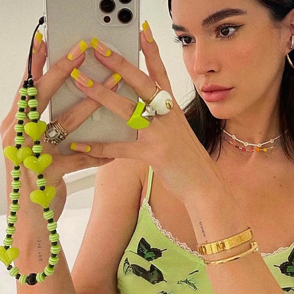 

Mobile Strap Phone Chain For Polymer Clay Beaded Creative Female Acrylic Mobile Love Chain Phone Case Lanyard Hole Phone Co K7H7