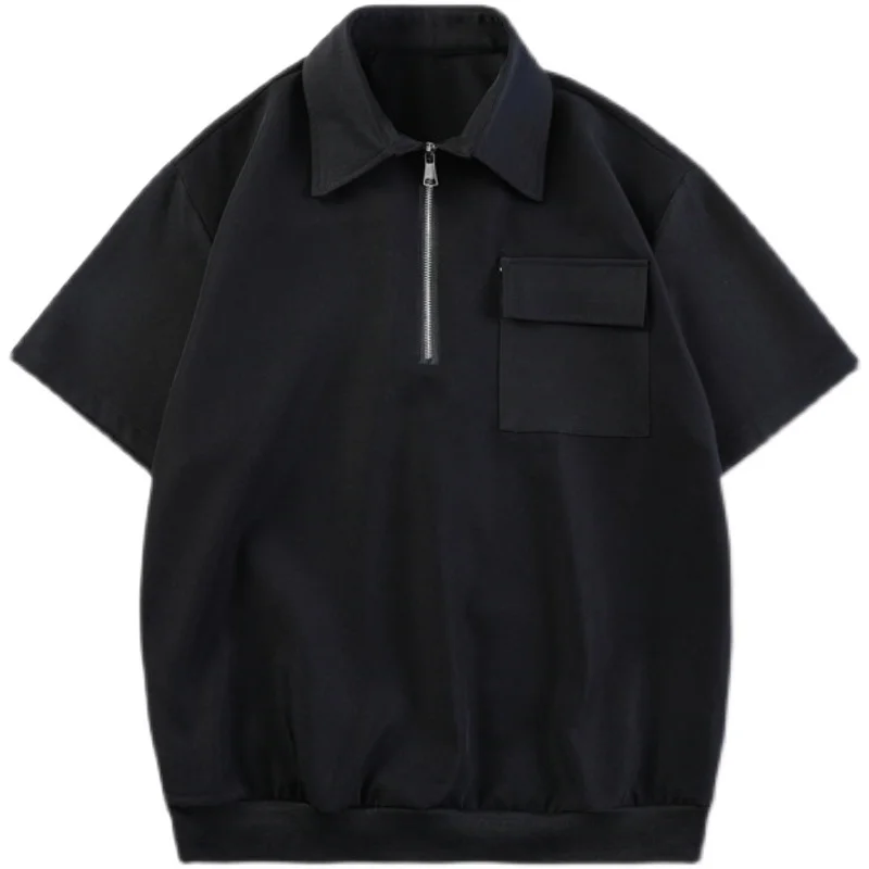 

Tshirt Men Korean Fashion Zipper Pullover Short Sleeve Polo Shirt Male Casual Black White Tops Tees Shirts