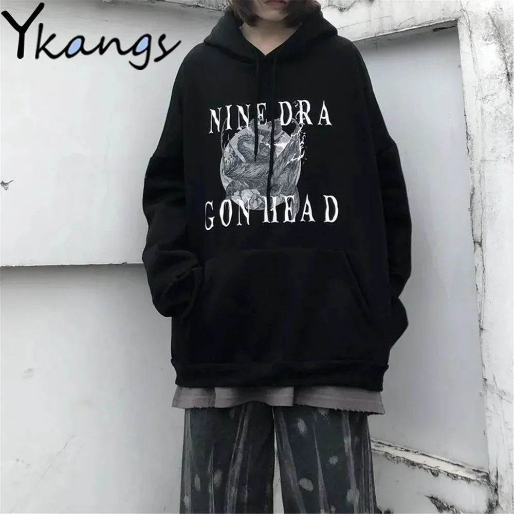 

Korean Loose Hooded Sweatshirt Dark Style Gothic Printing Student Hoodie Spring Autumn Oversized Harajuku Cool Women Streetwear
