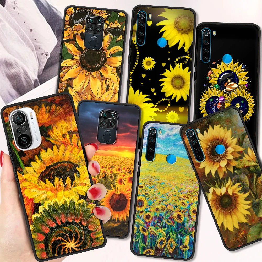 

Art Sunflower Fundas Shockproof Case For Redmi Note 10 9 9s 8 8T 7 Pro Black Soft Silicone Cover For Redmi 9A 9C 8 8A Shell TPU
