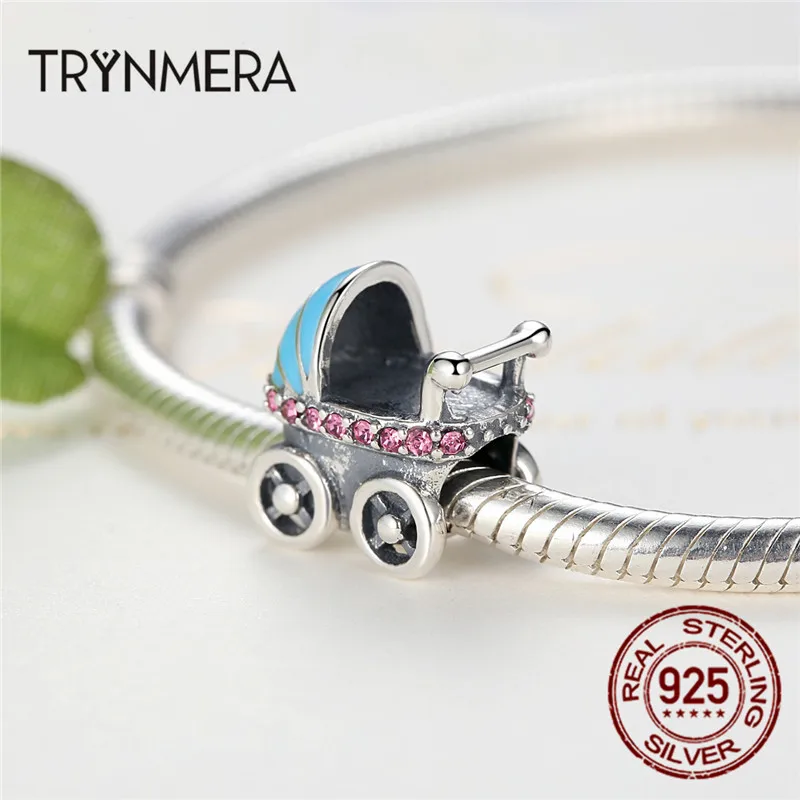 Trynmera 925 пробы серебро Детские коляски синий автомобиль Подвески Fit Браслет Diy Аксессуары подарок для женщин и девочек TA043