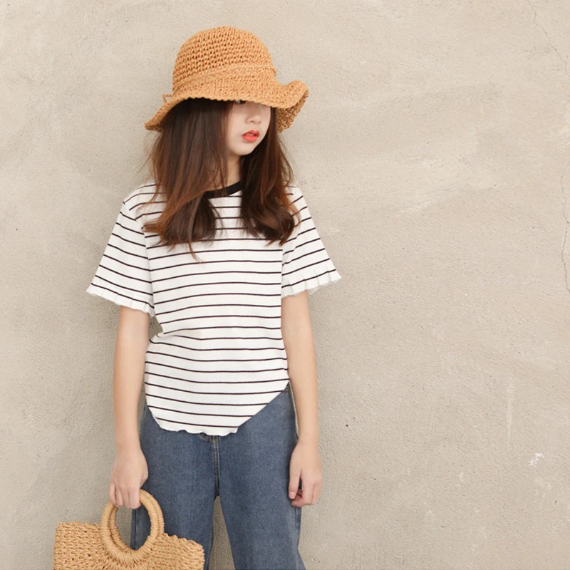 Корейская футболка для девочек Хлопковая полосатая одежда с коротким рукавом 2020