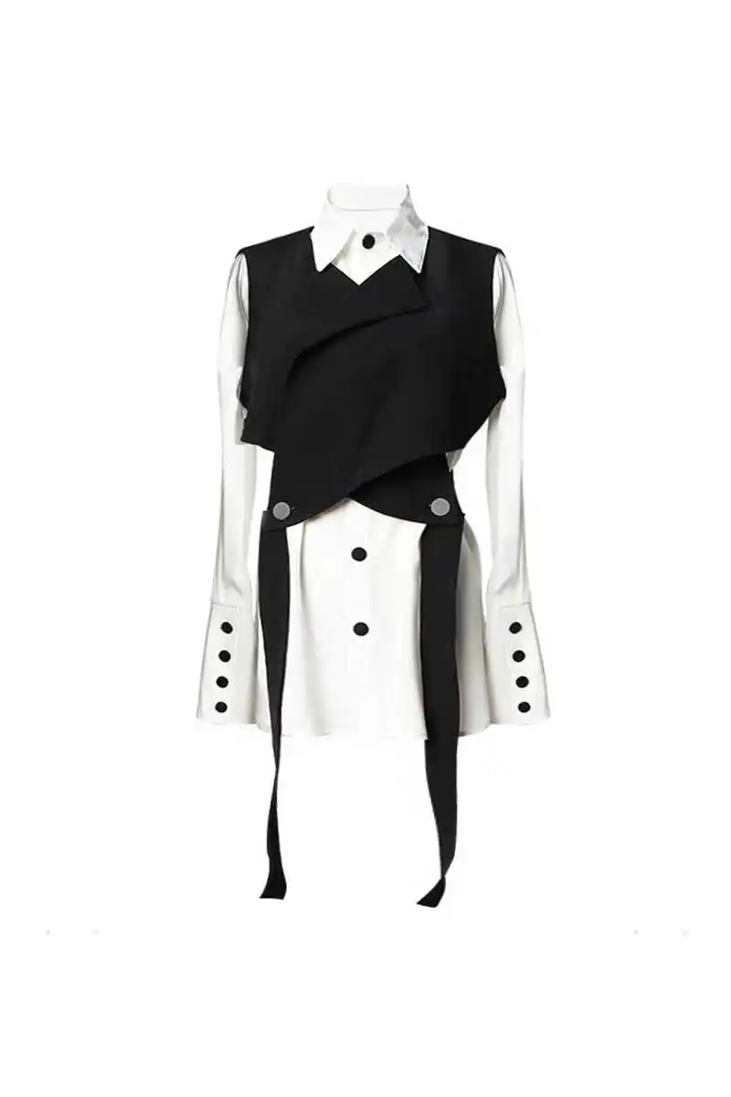 

IEQJ 2021 new summer and autumn fashion women clothes turn-down collar shirt and black vest two pieces set WS56001L
